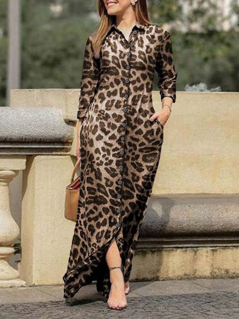 Women's Leopard Pattern Art Print Loose Elegant Casual Lapel Long Sleeve Cotton Long Shirt Dress