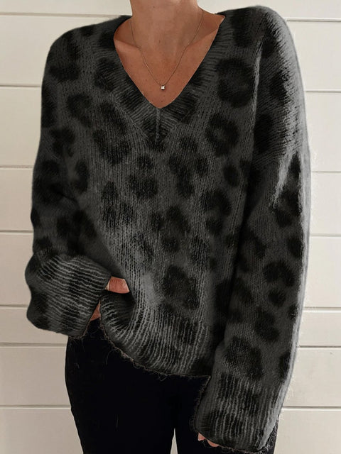 Black And Gray Leopard Print Pattern Printed Women's Casual V-Neck Pullover Knit