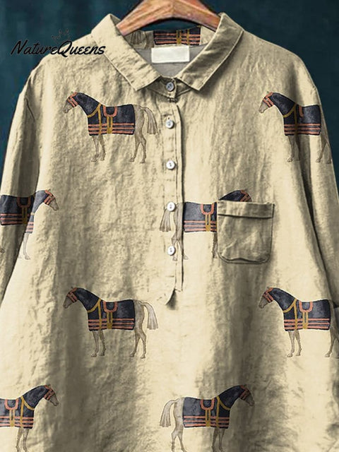 Horse Repeat Pattern Printed Women's Casual Cotton And Linen Shirt