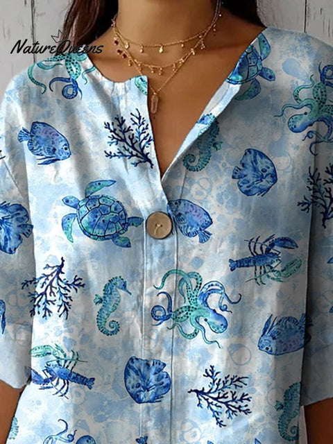Ocean Blue Sea Creatures Pattern Printed Women's Casual Cotton Linen Shirt