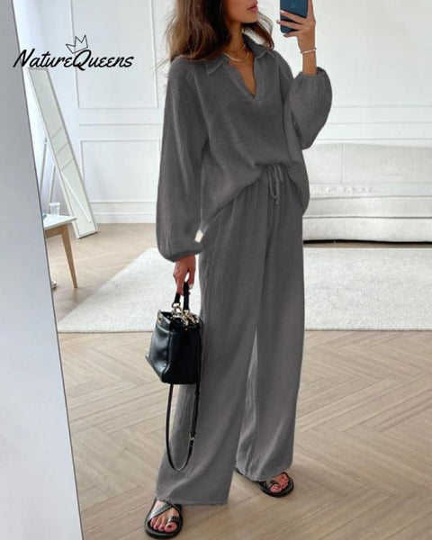 Casual Two-Pieces Outfits Solid Color Casual Top Loose Bootcut Trousers Pants Sets