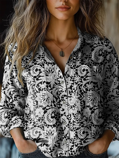 Elegant Floral Lace Pattern Printed Women's Casual Long Sleeve Comfortable Cotton Shirt