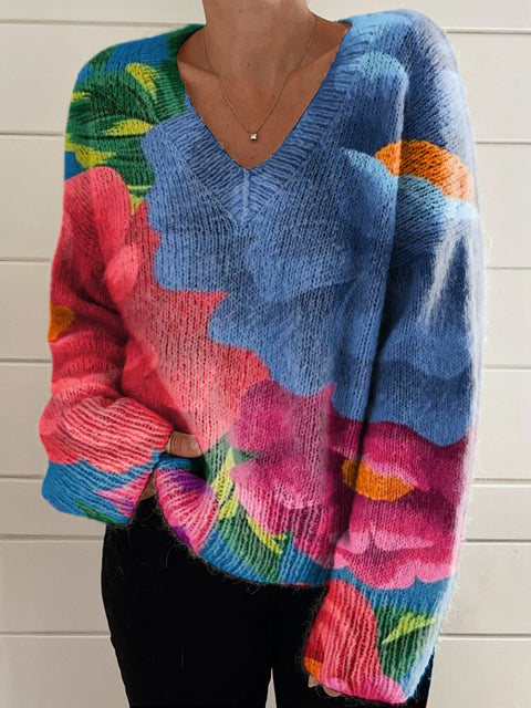 Bright Large Flower Decorative Pattern Casual V-neck Pullover Knit