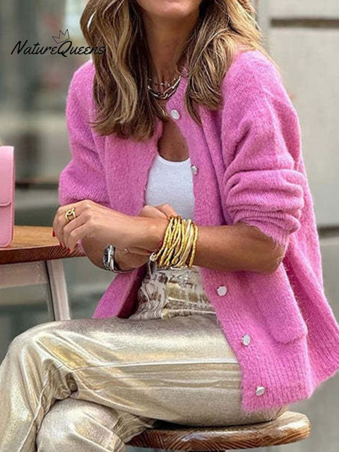 Women's Solid Color Round Neck Loose Thickened Cardigan