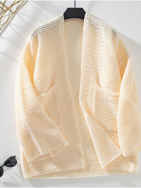 Women's Retro Mid-length V-neck Solid Color Cardigan Sweater Knitted Sweater