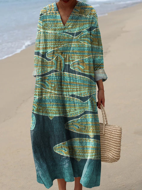 Japanese Style Watercolor Sea Fish Art Printed Women's Dress