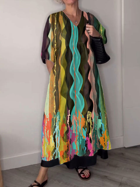 Women's Geometry Retro  Art Print Pocket V-neck Cotton Dress