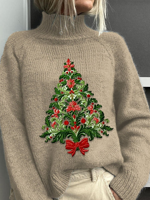 Embroidery  Christmas Tree Art Print Knit Turtleneck Pullover Sweater