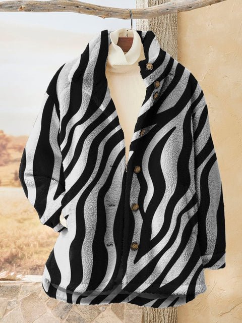 Black and White Zebra Pattern Casual Sherpa Coat Cardigan