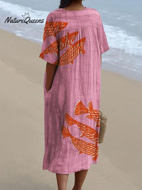 Pink Background and Red Fish Decorative Pattern Flowy Dress