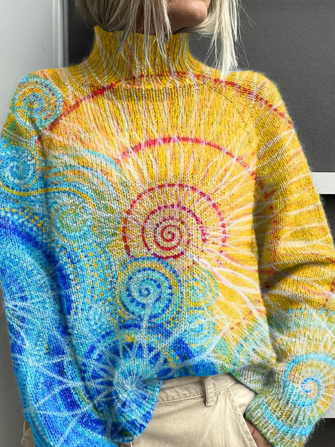 Warm and Cool Color-blocking Patterns Print Knit Turtleneck Pullover Sweater