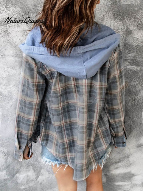 Women's Hooded Colorblock Plaid Stylish Casual Shirt Jacket