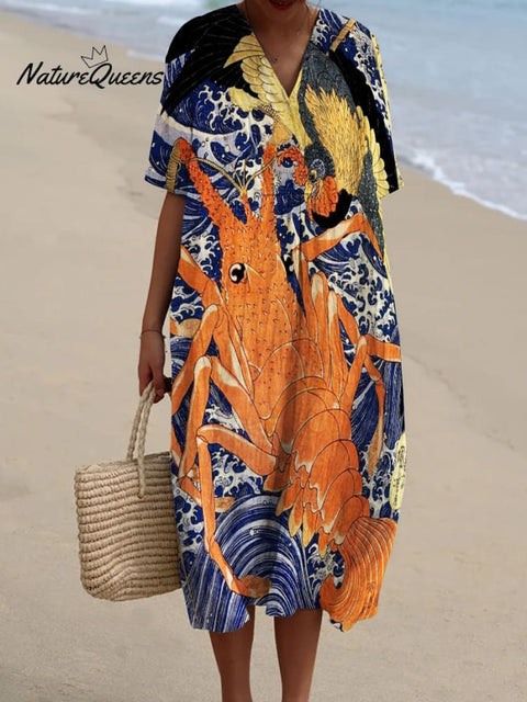 Japanese Retro Painting Lobster Decorative Pattern Flowy Dress