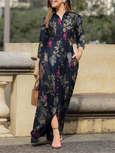 Women's Lovely Floral Pattern Art Print Loose Elegant Casual Lapel Long Sleeve Cotton Long Shirt Dress