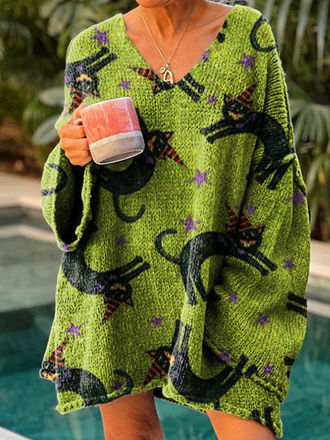 Women's Cute Black Cat Casual Pullover Sweater