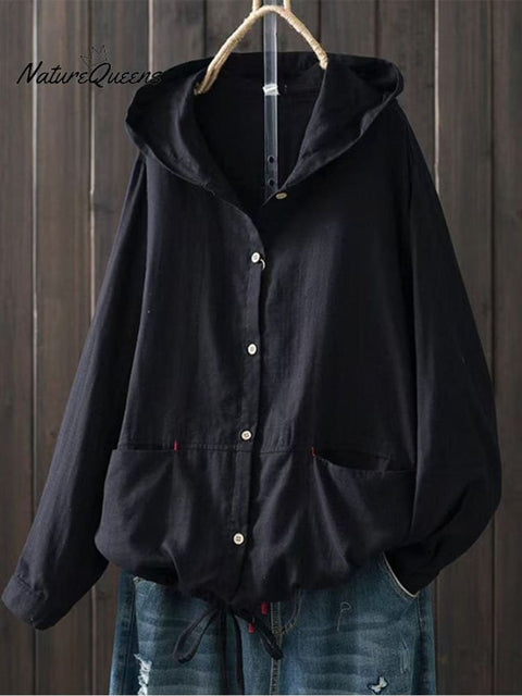 Women's Loose Large Size Cotton Yarn Hooded Long Sleeve Cardigan Casual Jacket