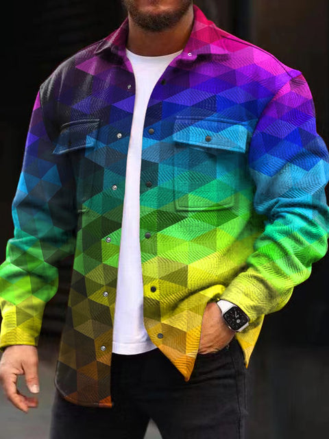 Men's Fashion Casual Long Sleeved Jacket with Colorful Hexagonal Splicing Print
