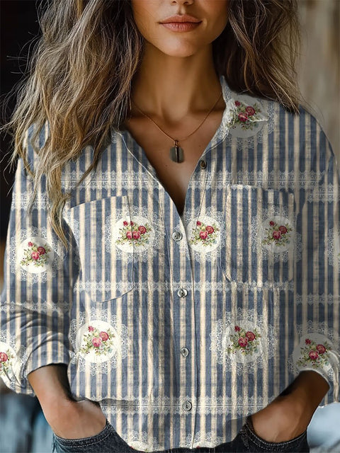 Women's   Retro Romantic Lace Flowers Print  Casual Long Sleeve Comfortable Cotton Shirt