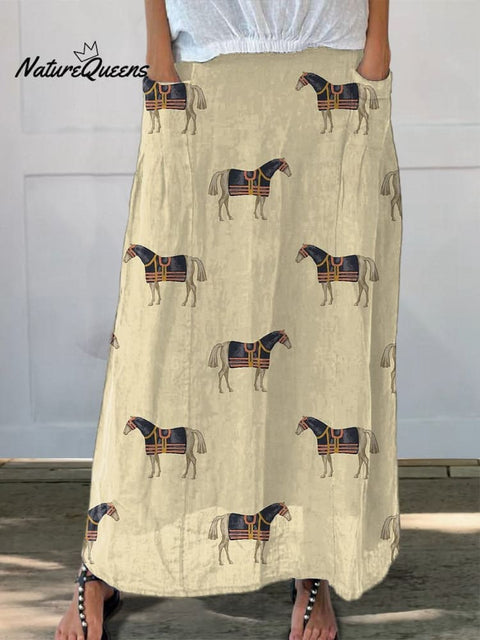 Horse Repeat Pattern Printed Women's Linen Pocket Skirt