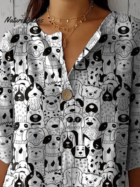 Doodle Puppy Dogs Repeat Pattern Printed Women's Casual Cotton Linen Shirt