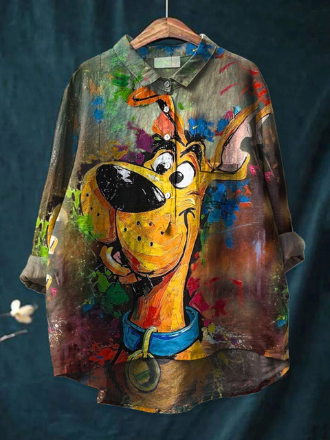 Women's  Dog Art Print Casual Cotton And Linen Shirt