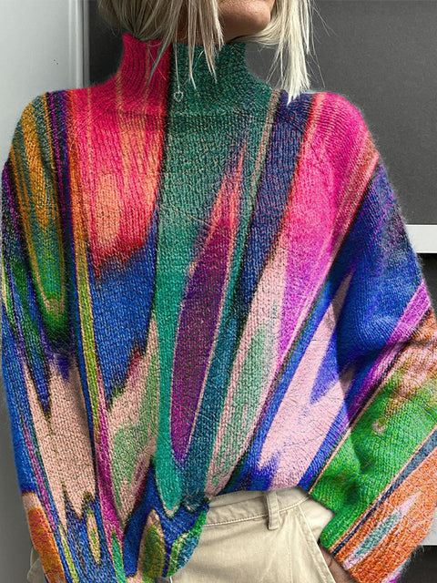 Colorful Abstract Stripes Print Knit Turtleneck Pullover Sweater