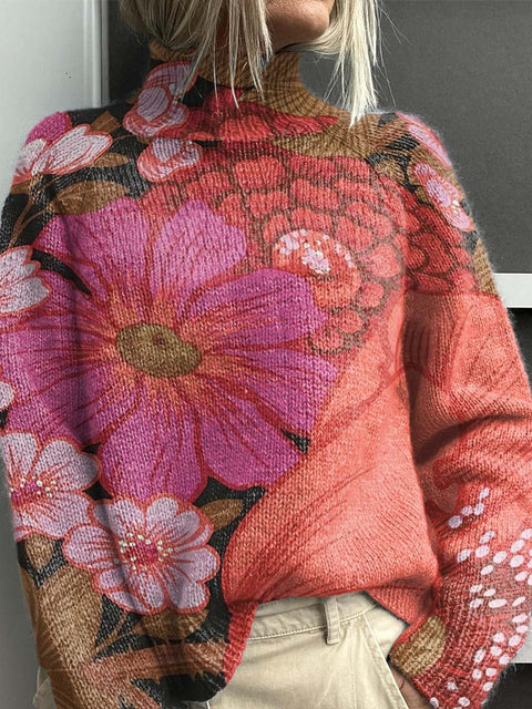 Various Flower Decorative Patterns Knit Turtleneck Pullover Sweater