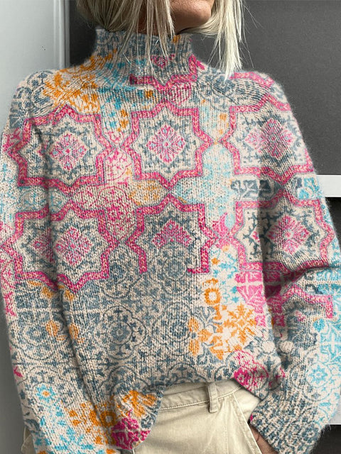 Retro Pattern Ethnic Style Print Knit Turtleneck Pullover Sweater