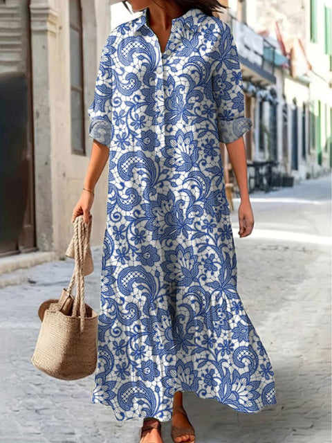 Elegant Lace Pattern Printed Women's Pocket Cotton Dress