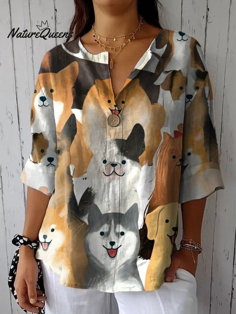 Mixed Puppy Dog Pattern Printed Women's Casual Cotton Linen Shirt