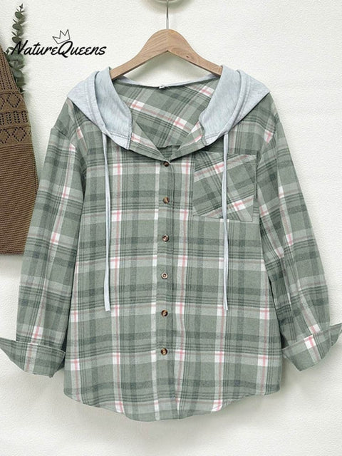 Women's Hooded Colorblock Plaid Stylish Casual Shirt Jacket