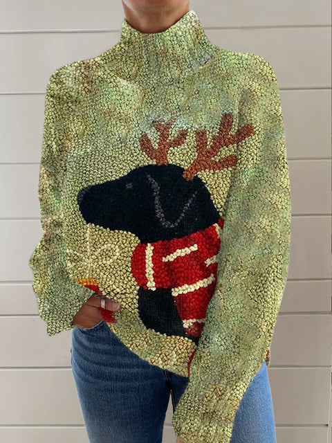 Christmas Dog Print Knit Turtleneck Pullover Sweater