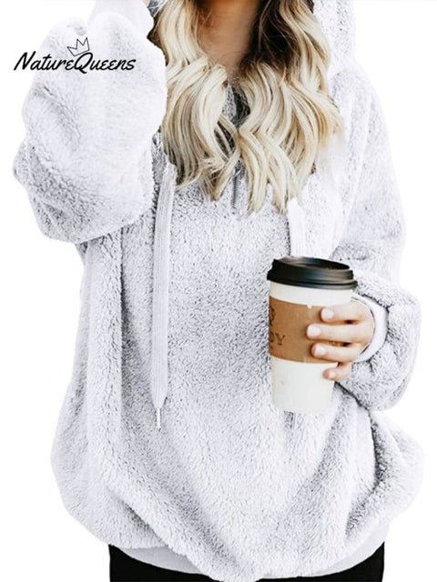 Plush Women's Long Sleeve Hooded Loose Sweatshirt and Fleece Jacket