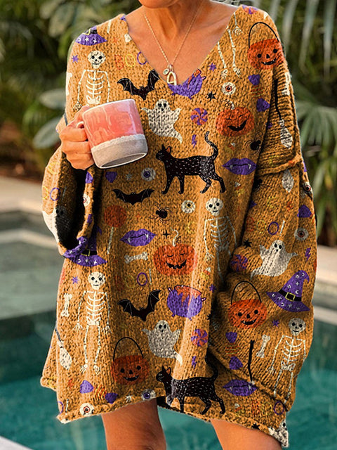 Halloween black cat Pumpkin Ghost Women's Casual Pullover Sweater