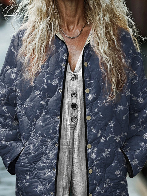 Petite Spring Floral And Vine Repeat Pattern Printed Women's Casual Quilted Jacket