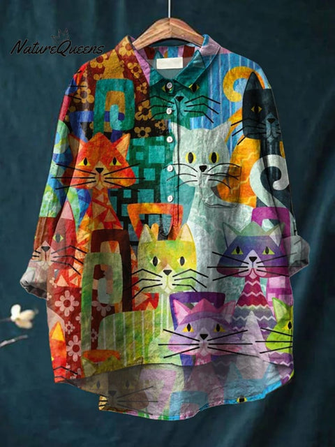 Women's Retro Colorful Cat Illustration Print Casual Cotton And Linen Shirt