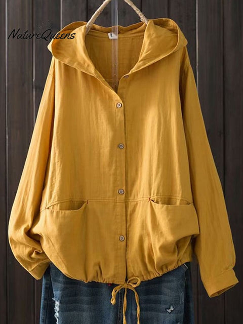 Women's Loose Large Size Cotton Yarn Hooded Long Sleeve Cardigan Casual Jacket