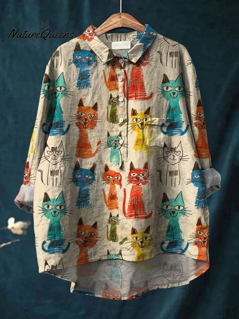 Women's Kid Drawing Cat Art Print Casual Cotton And Linen Shirt
