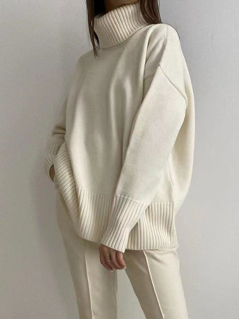 Women's Stylish Casual Long Sleeve Loose Soft Turtleneck Solid Color Knitted Pullover Sweater