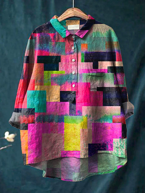 Abstract Geometric Pattern Printed Women's Casual Cotton And Linen Shirt