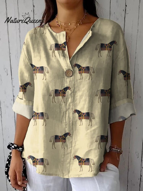 Horse Repeat Pattern Printed Women's Casual Cotton Linen Shirt