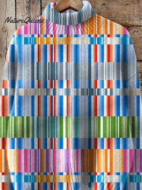 Bauhaus Style Geometric Rectangle Pattern Printed Knit Turtleneck Pullover Sweater