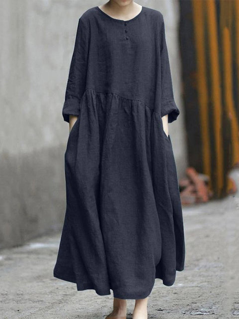 Women's Stylish Casual Loose Long Sleeve Solid Color Cotton And Linen Irregular Pocket Dress