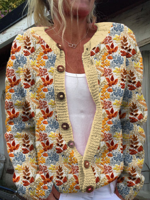 Autumn Leaves Print Buttoned Cardigan Sweater