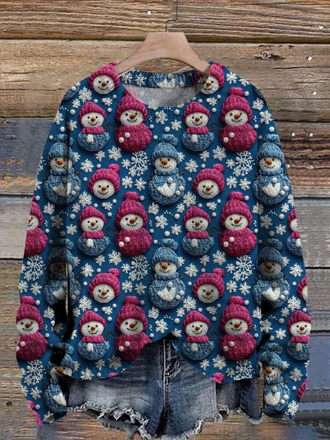 3D Winter Season Snowman Pattern Printed Knit Pullover Sweater