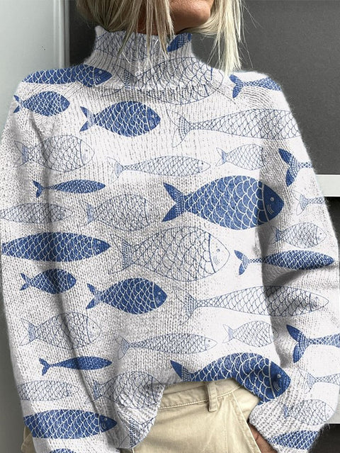 Blue Japanese Fish Print Knit Turtleneck Pullover Sweater