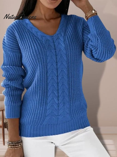 Women's Sweater Long Sleeve V Neck Solid Color Twist Casual Knitted Pullover Top