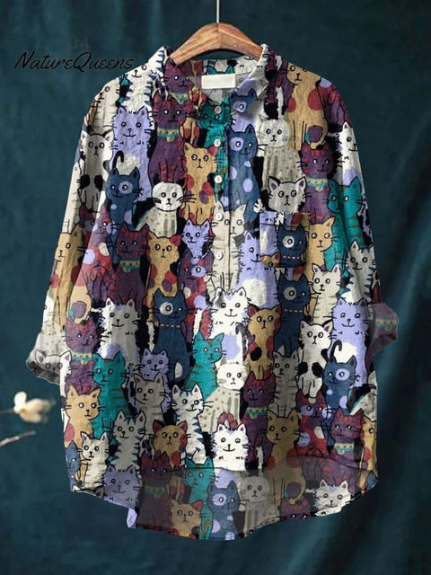 Cat Art Printed Women's Casual Cotton And Linen Shirt