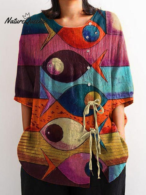 Women's Fish Animals Art Print Casual Cotton And Linen Shirt
