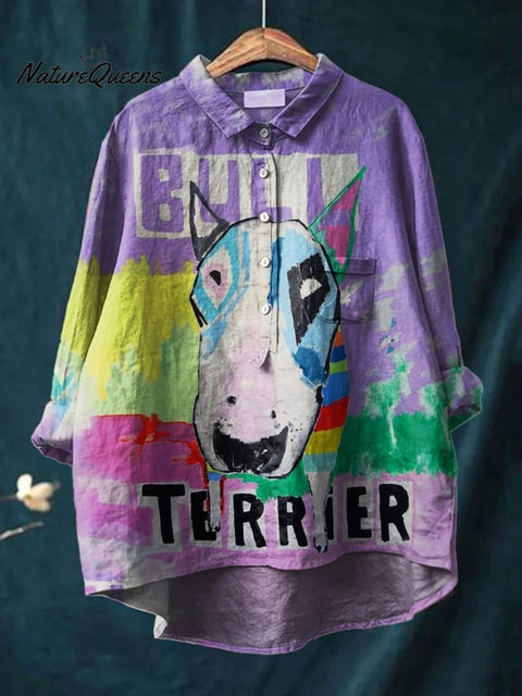 Women's Dog Art Print Casual Cotton And Linen Shirt